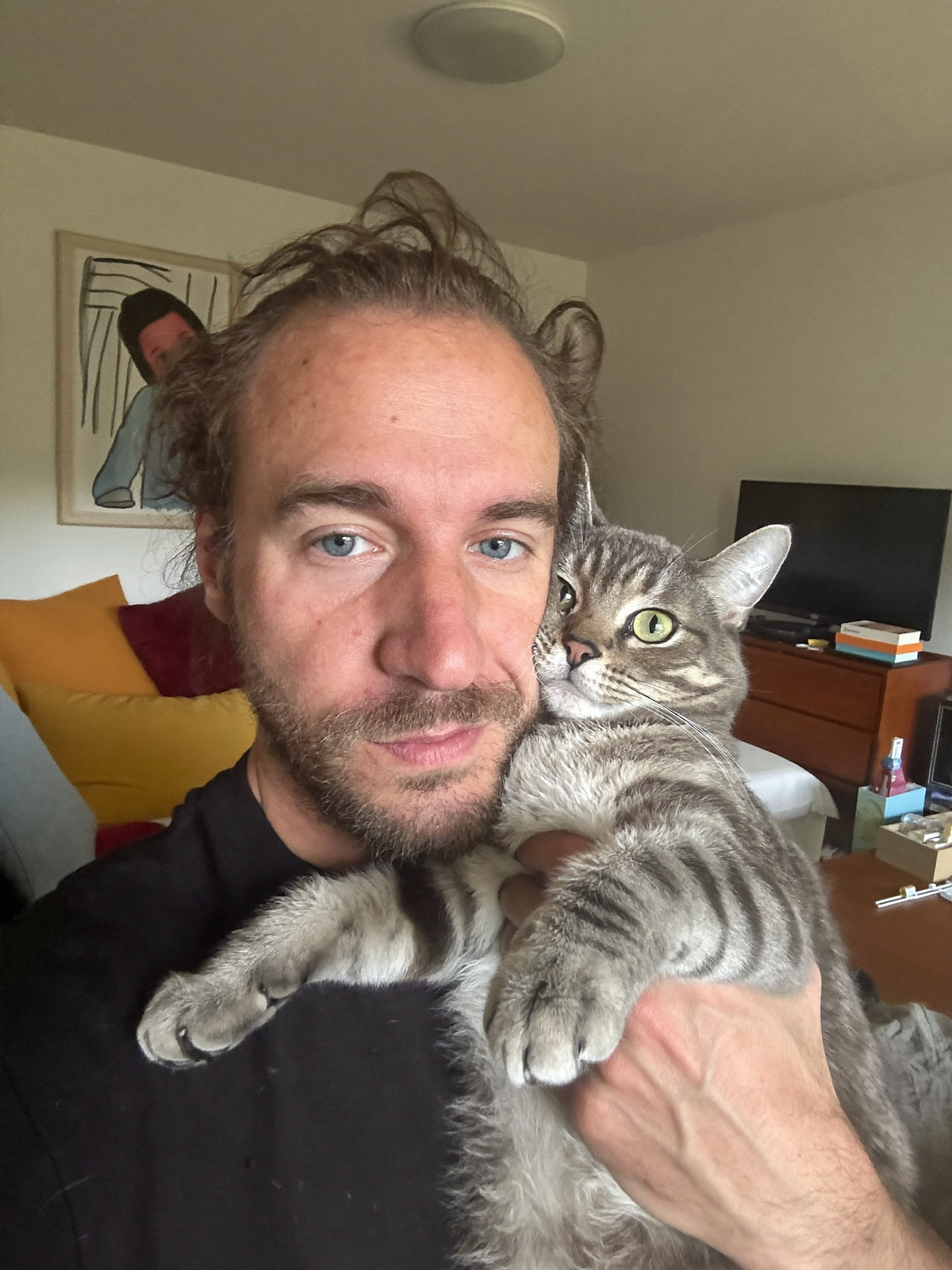 Lifestyle image of a cat and owner at home