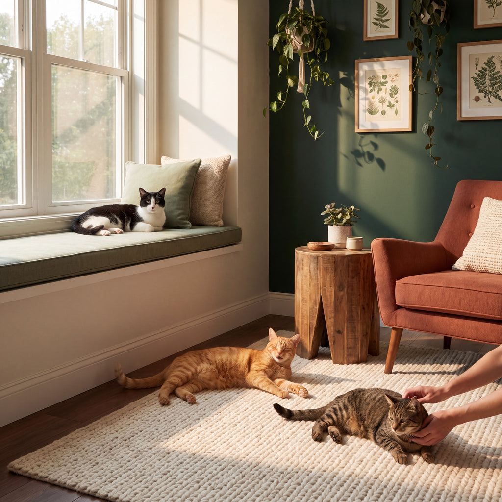 Peaceful multi-cat home with relaxed cats and their owner