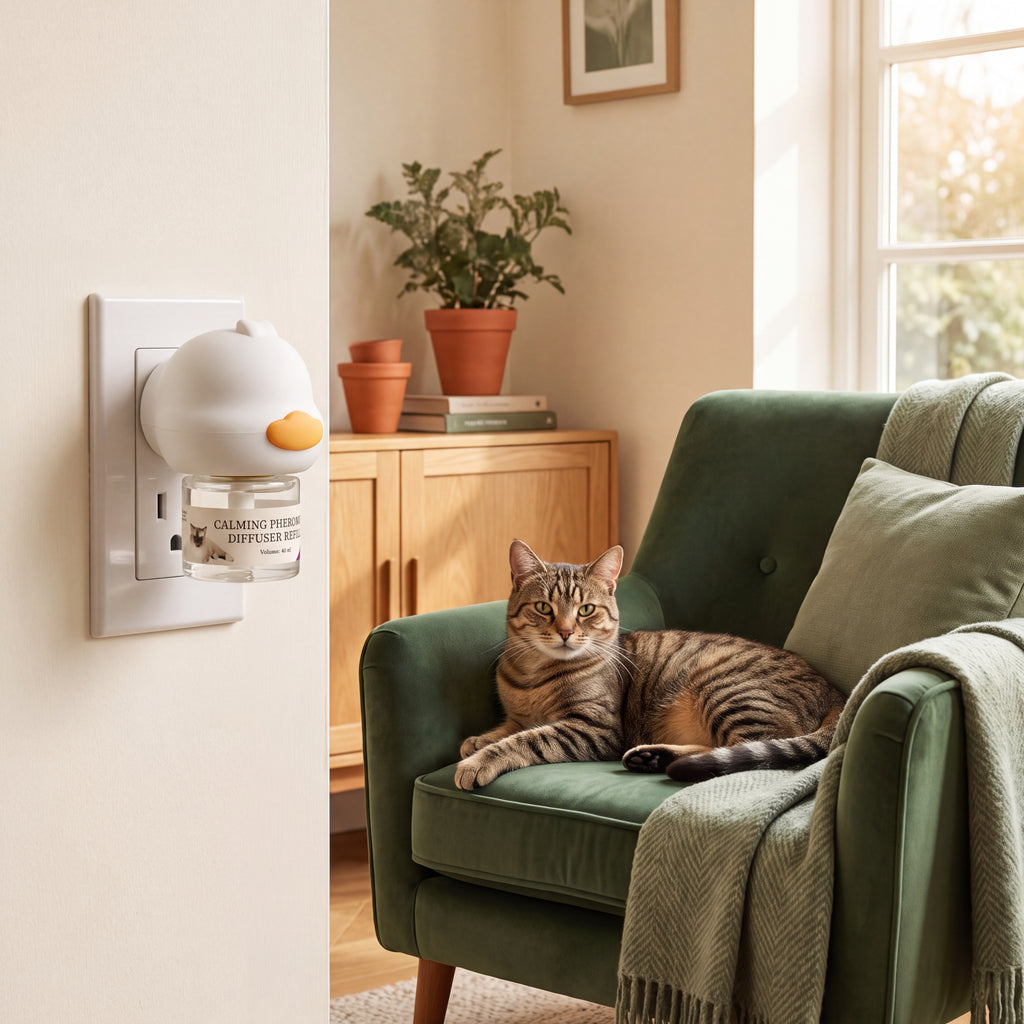 Evasri cat calming diffuser plugged into a wall outlet near a relaxed cat