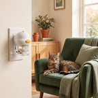 Evasri cat calming diffuser plugged into a wall outlet near a relaxed cat