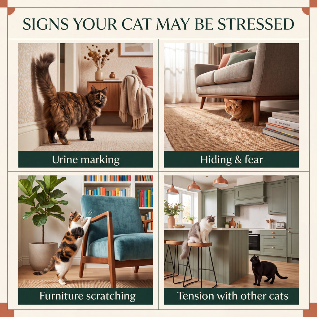 Common signs of cat stress including marking hiding scratching and tension