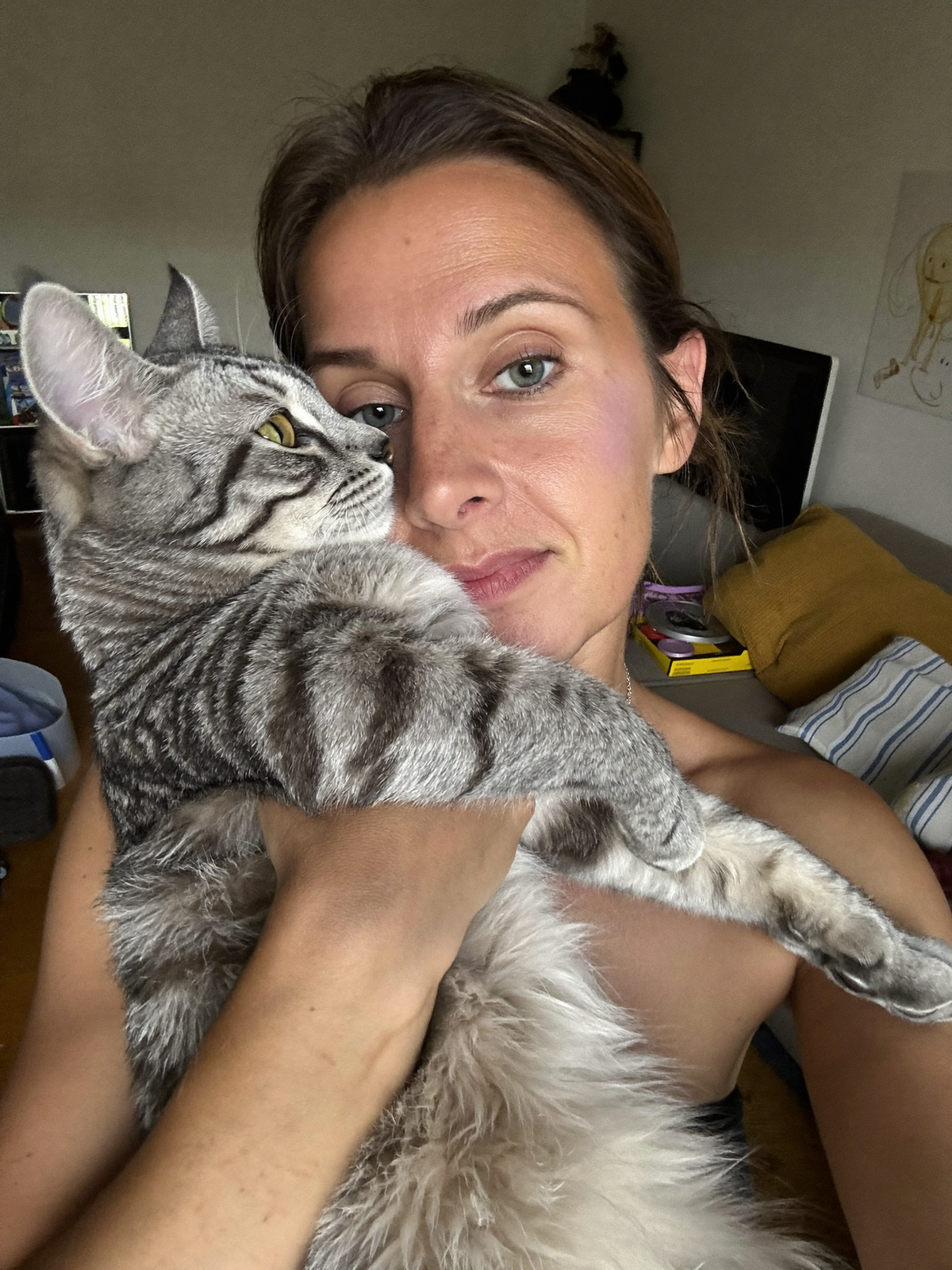 Lifestyle image of a cat and owner at home