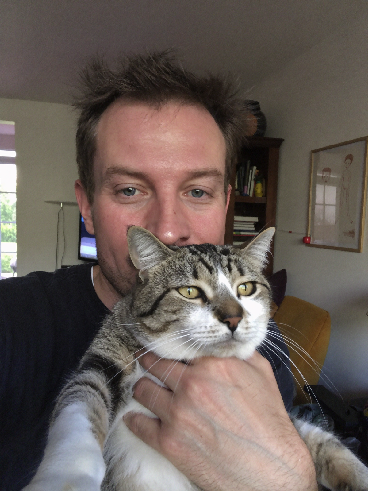 Lifestyle image of a cat and owner at home